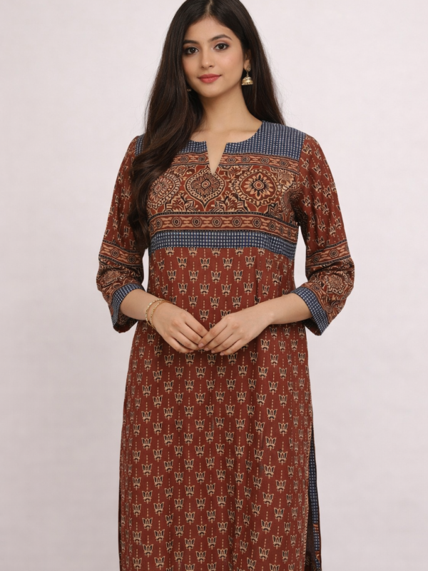 Rust Brown Ajrak Cotton Kurta