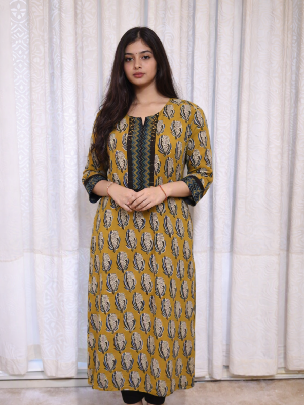 Ajrak Print Cotton Kurta Mustard Yellow Leaf Motif