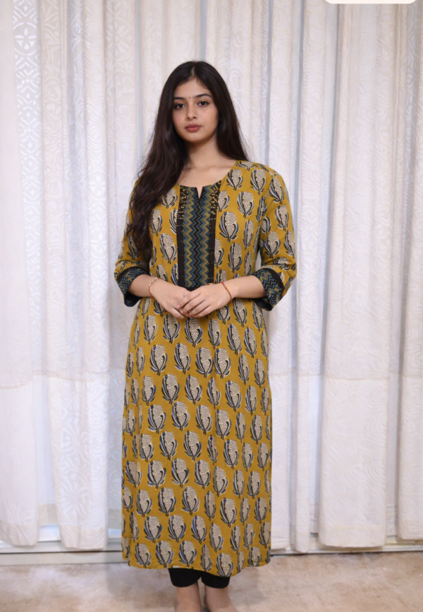 Ajrak Print Cotton Kurta Mustard Yellow Leaf Motif