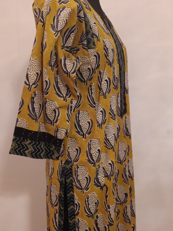 Ajrak Print Cotton Kurta Mustard Yellow Leaf Motif