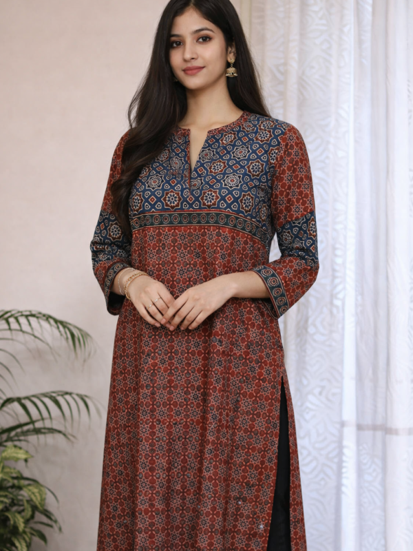 Elegant Red & Blue Ajrak Cotton Kurta